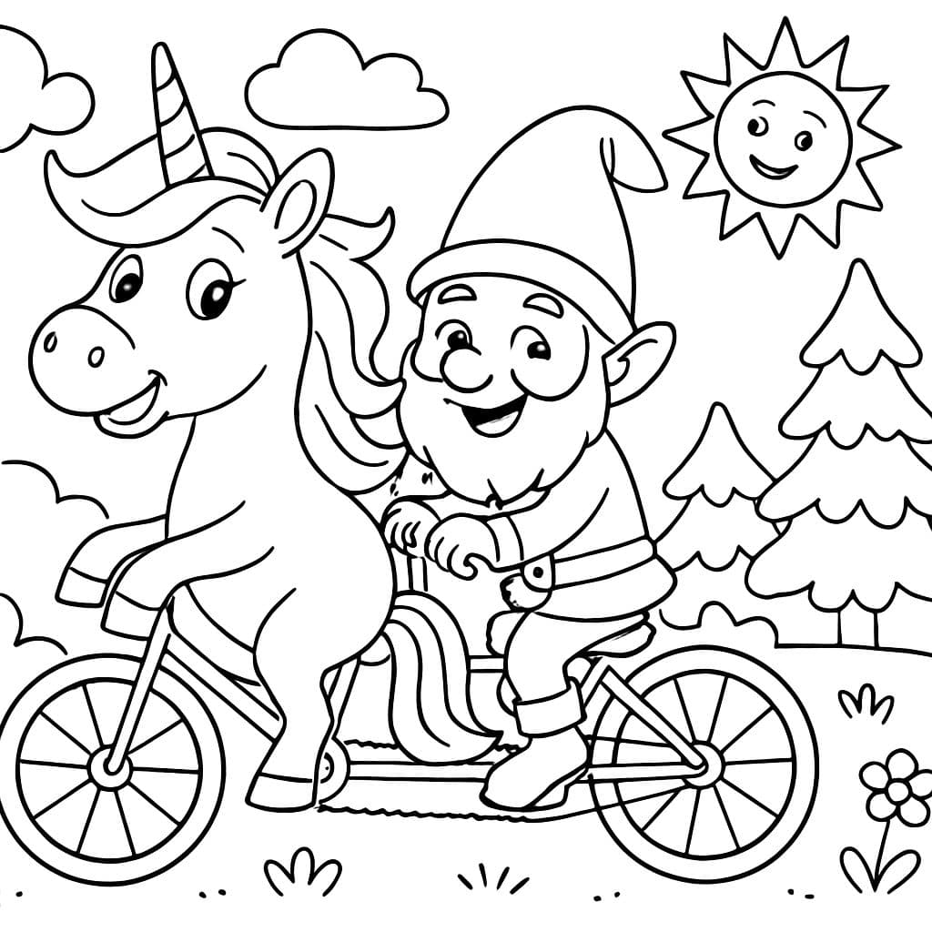 Un unicornio y un gnomo montando en una bicicleta tándem