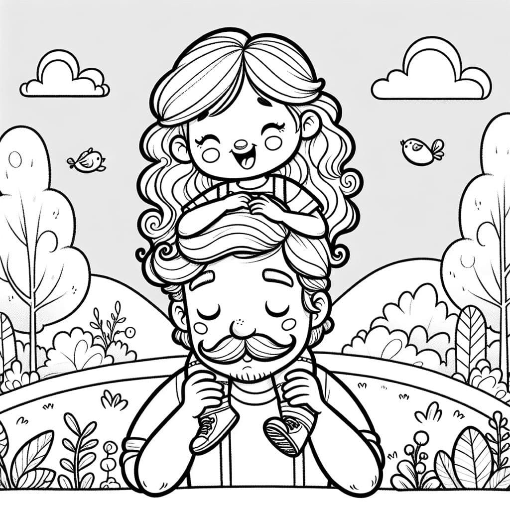 Toddler girl with wavy hair on dad’s, with mustache and wavy hair, shoulders