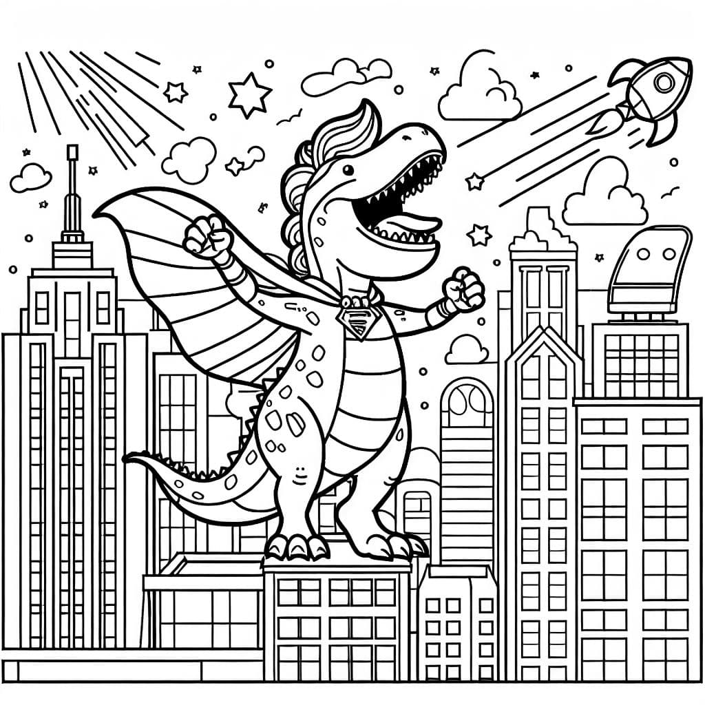 un dinosaurio al estilo de Batman que vigila una ciudad