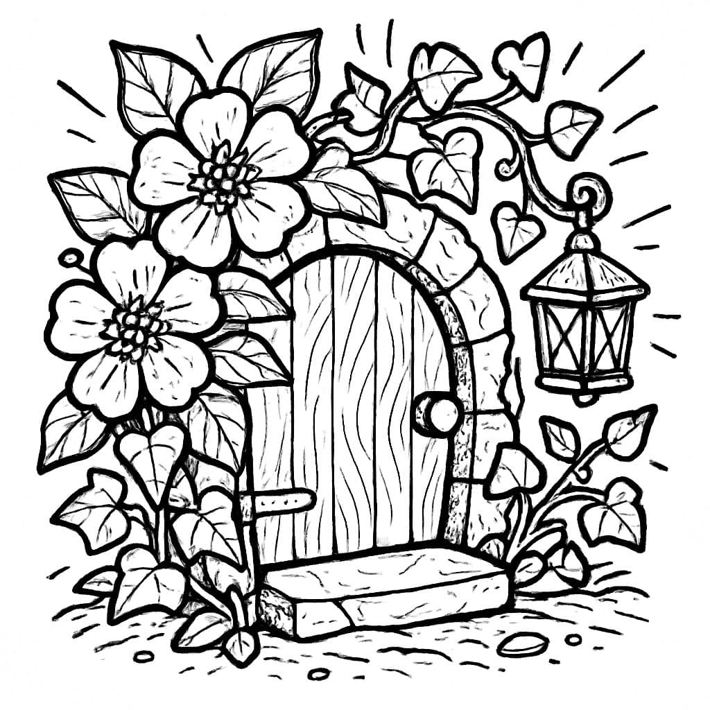 Página para colorear, vista detallada de una pequeña puerta de hada redonda en el suelo. La puerta está rodeada de flores y hiedra. Una pequeña linterna cuelga cerca. Líneas negras gruesas y simples, por favor dibuja la textura en gris. Estilo arte de líneas. Fondo blanco.
