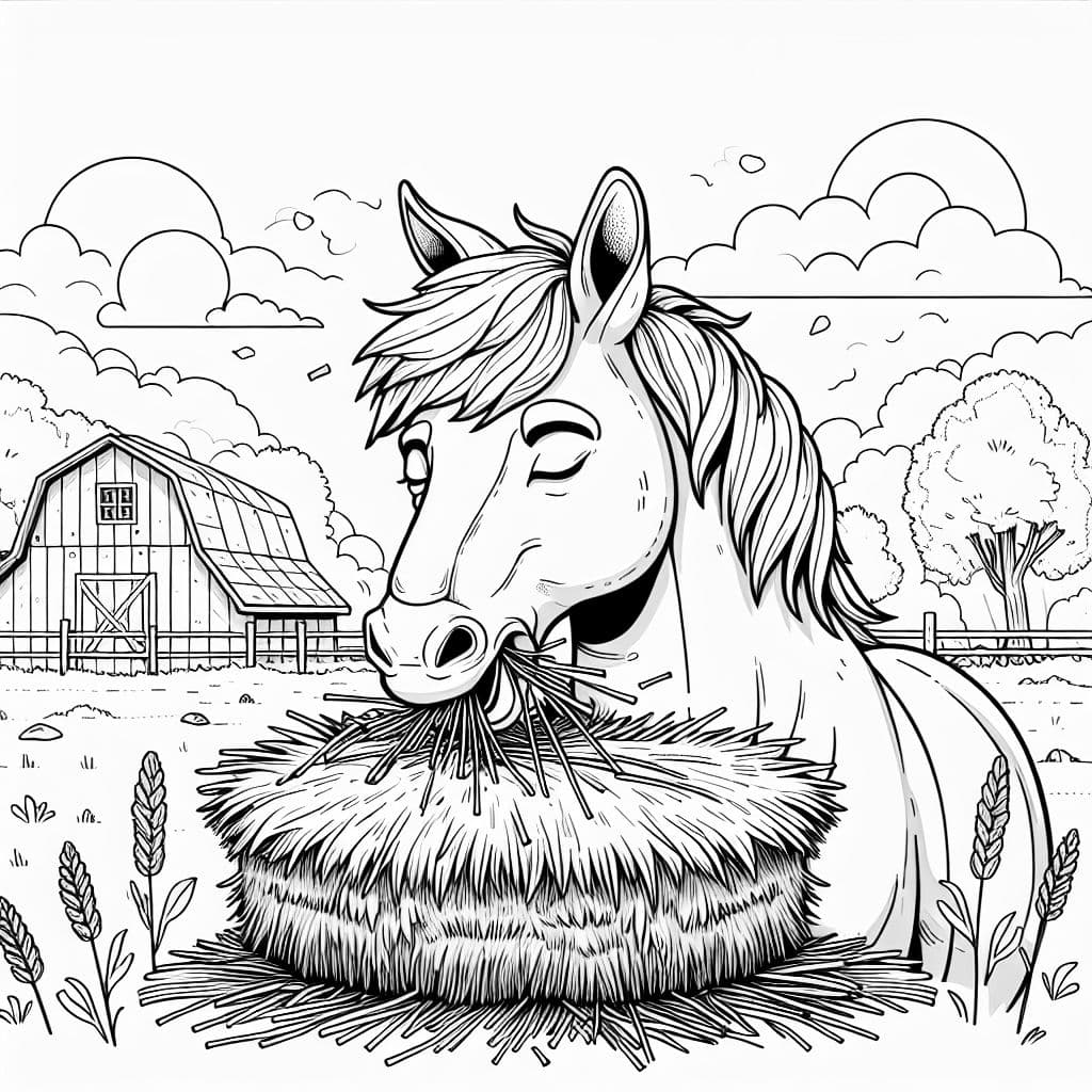 Un caballo comiendo heno con los ojos cerrados.