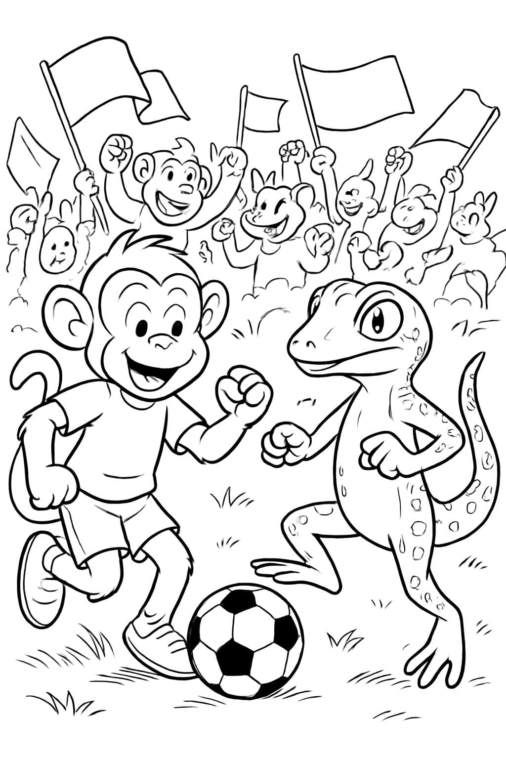 A monkey and a gecko playing football against each other with mixed monkey and gecko fans waving flags