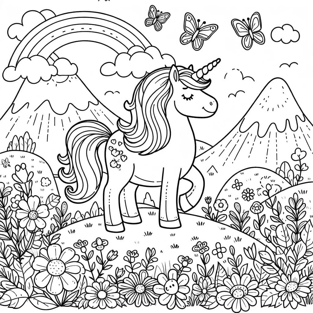 ein Einhorn auf einem Berg, mit Blumen und Schmetterlingen