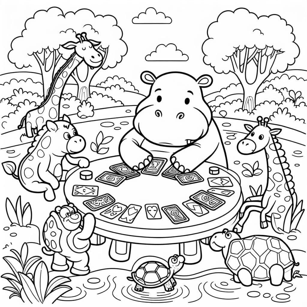 Un hippopotame solennel jouant au poker avec d'autres animaux du zoo