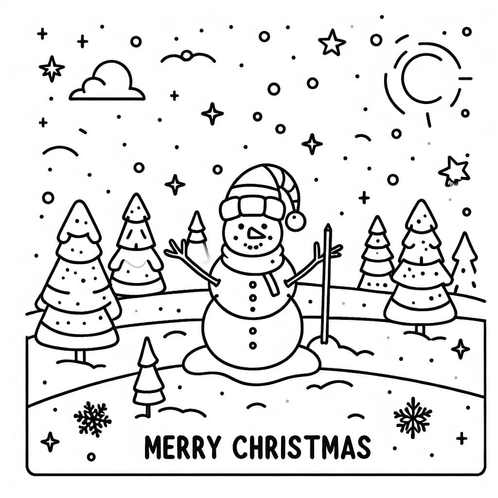 Schneemann in schneeflandschaft mit Tannenbäumen, sternen, einem schild "nordpol" und ein Schriftzug "Frohe Weihnachten"