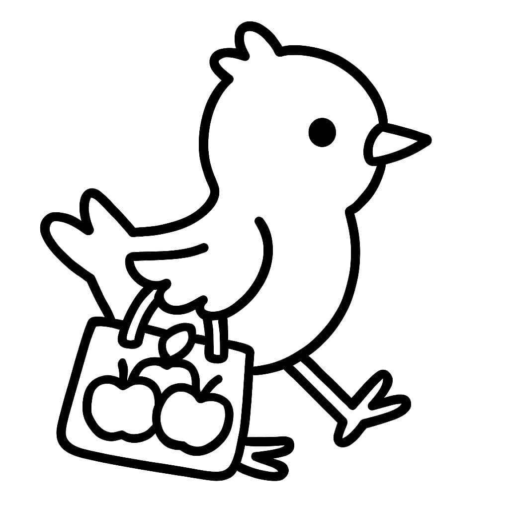Un pájaro yendo a la tienda a comprar manzanas.