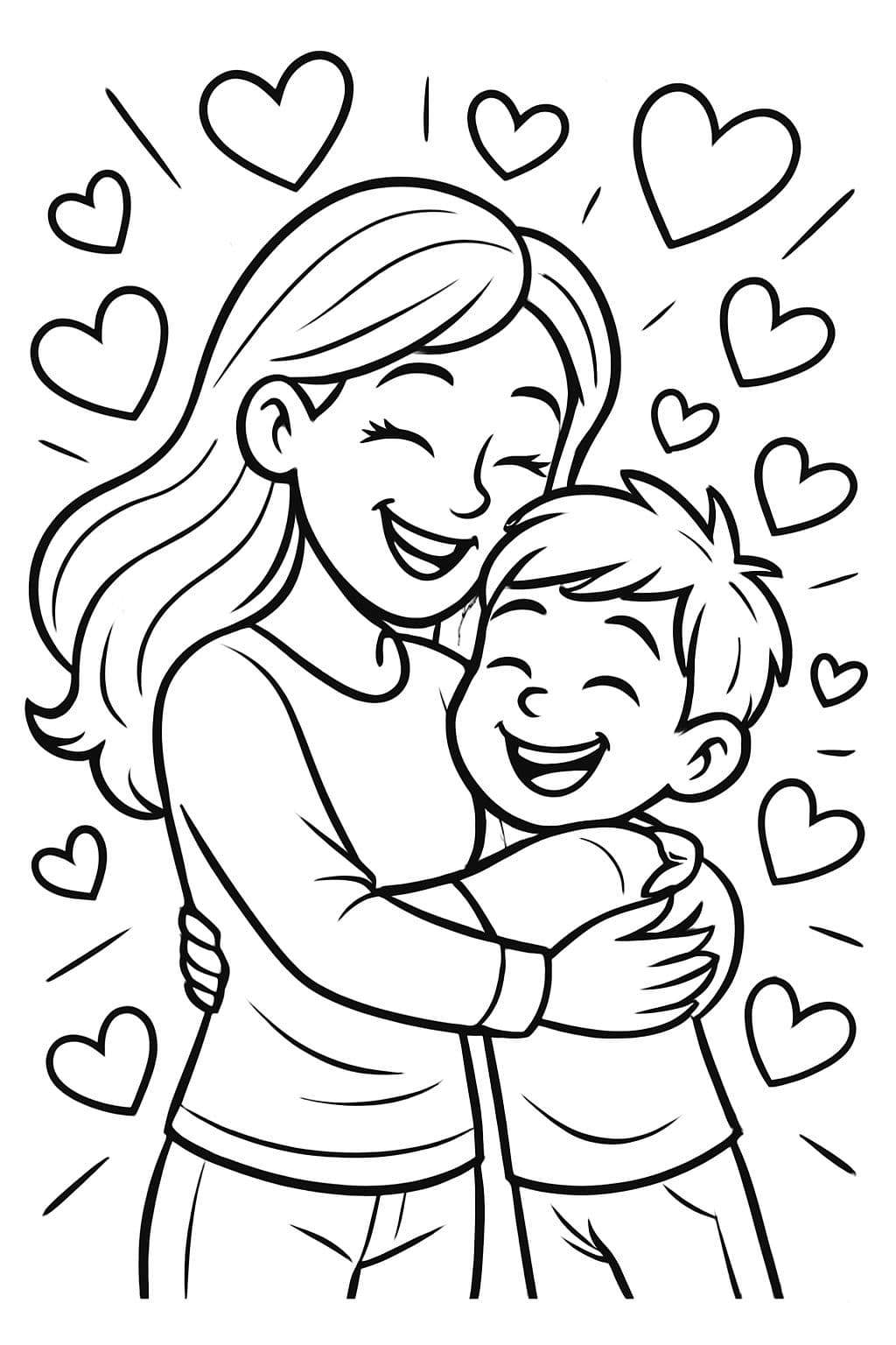 Una imagen de una mamá con su hijo abrazados y con muchos corazones a su alrededor.