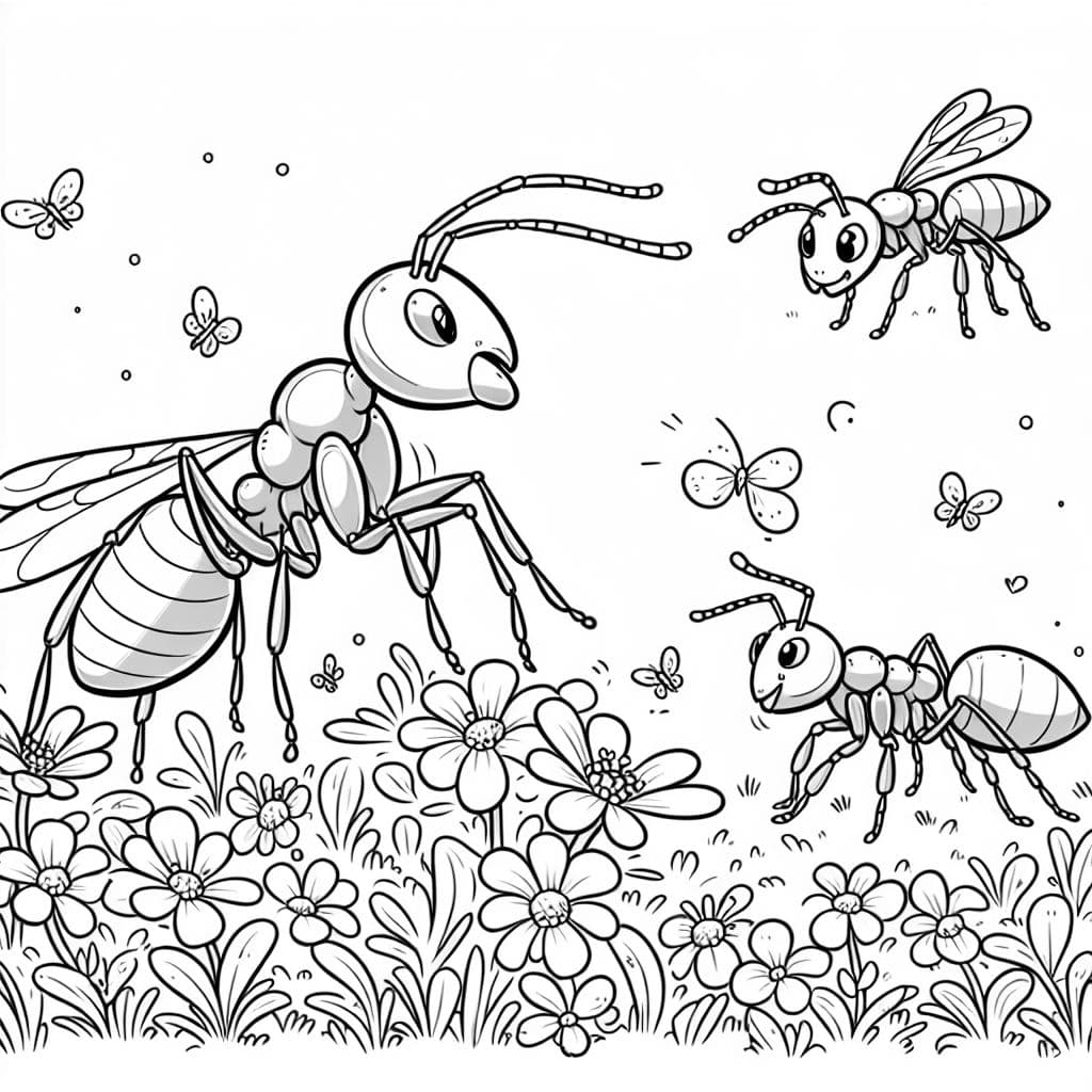 des fourmis scientifiquement correctes dans une herbe fleurie