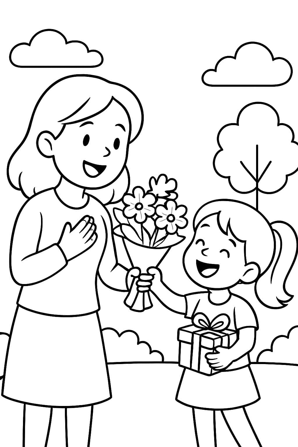eine tochter gibt ihrer mutter ein blumenstraus mit geschenken