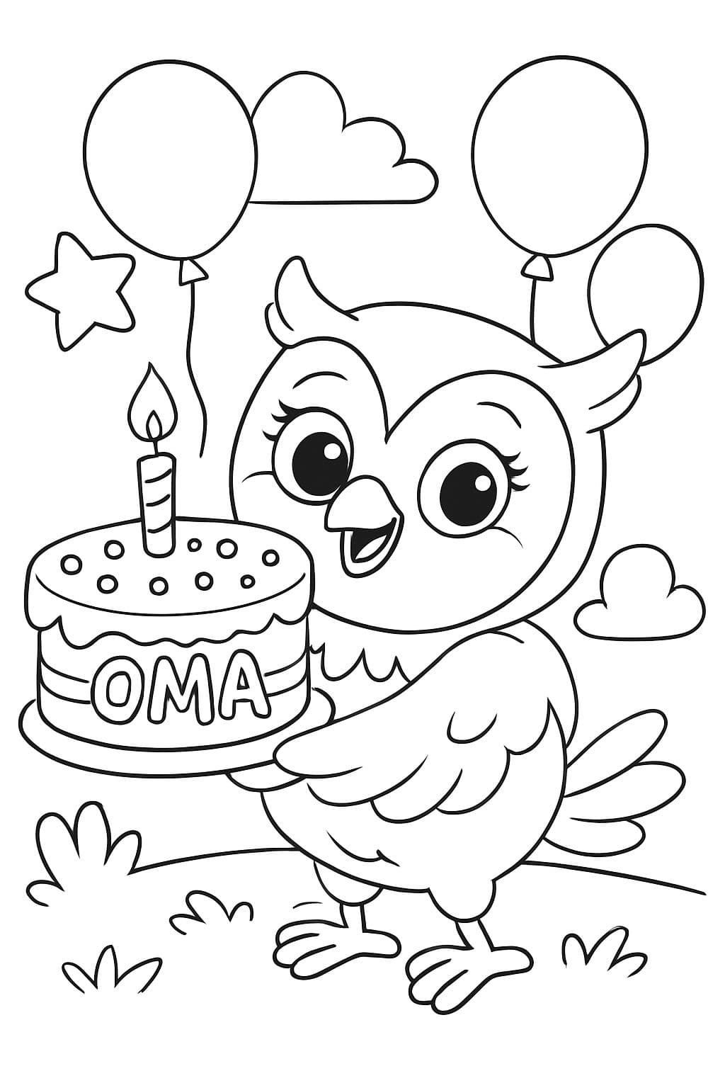 Une chouette avec un gâteau d'anniversaire où il est écrit mamie