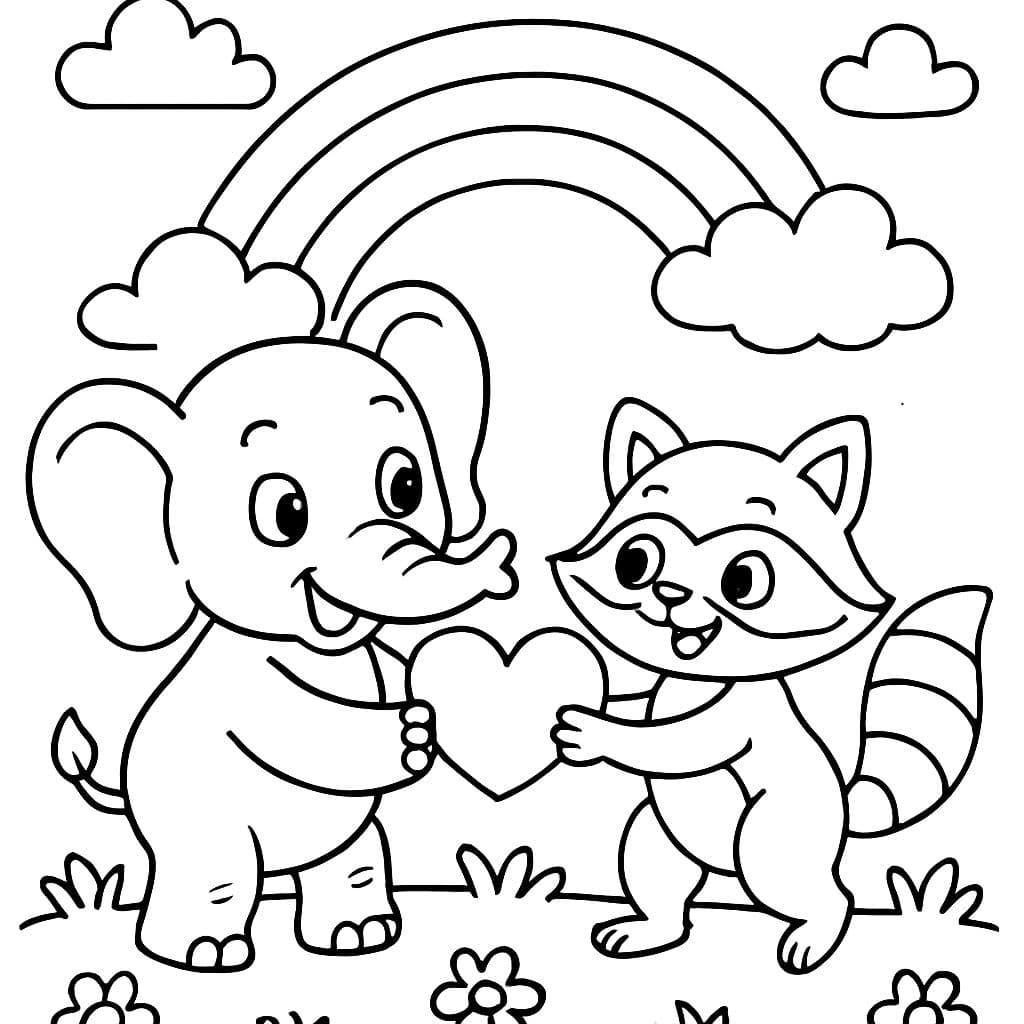 Un éléphant donnant un cœur à un raton laveur sous un arc-en-ciel.