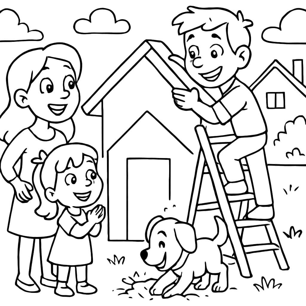 A family with a mother, father, little girl, and dog building a house. The father is on a ladder, and the dog is digging a hole. The mother and girl are watching.