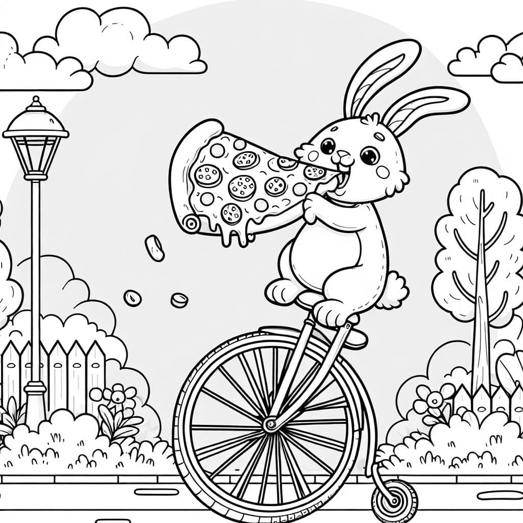 Einen osterhasen der eine Pizza isst und Einrad fährt