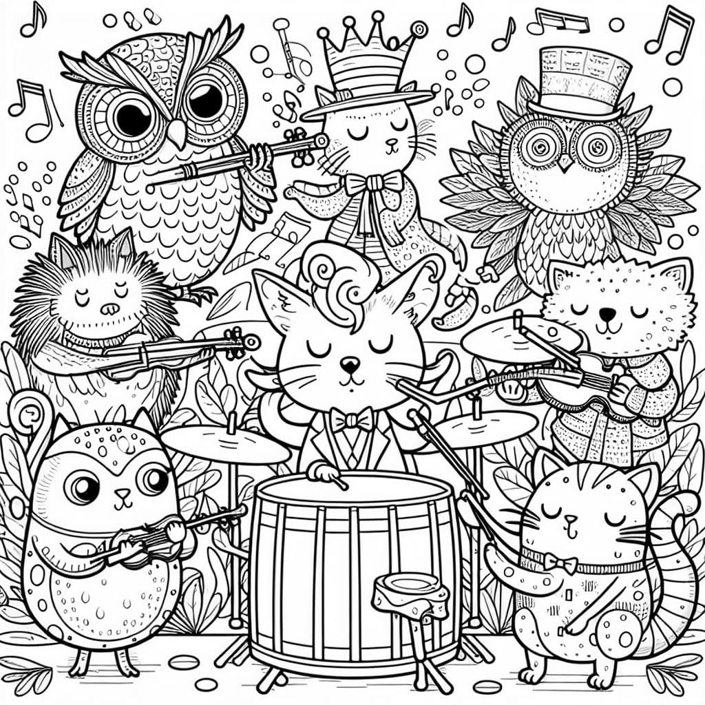 uma banda musical de animais: corujas, ouriços, gatos, rãs e um sapo como maestro