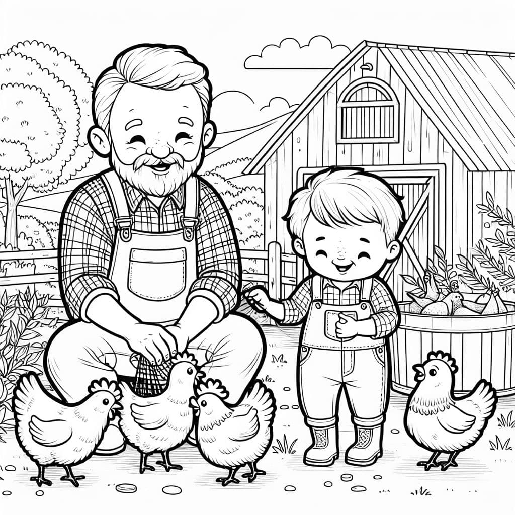A grandpa with white shaved hair and a short white beard feeding chickens with his 2 year old frandson