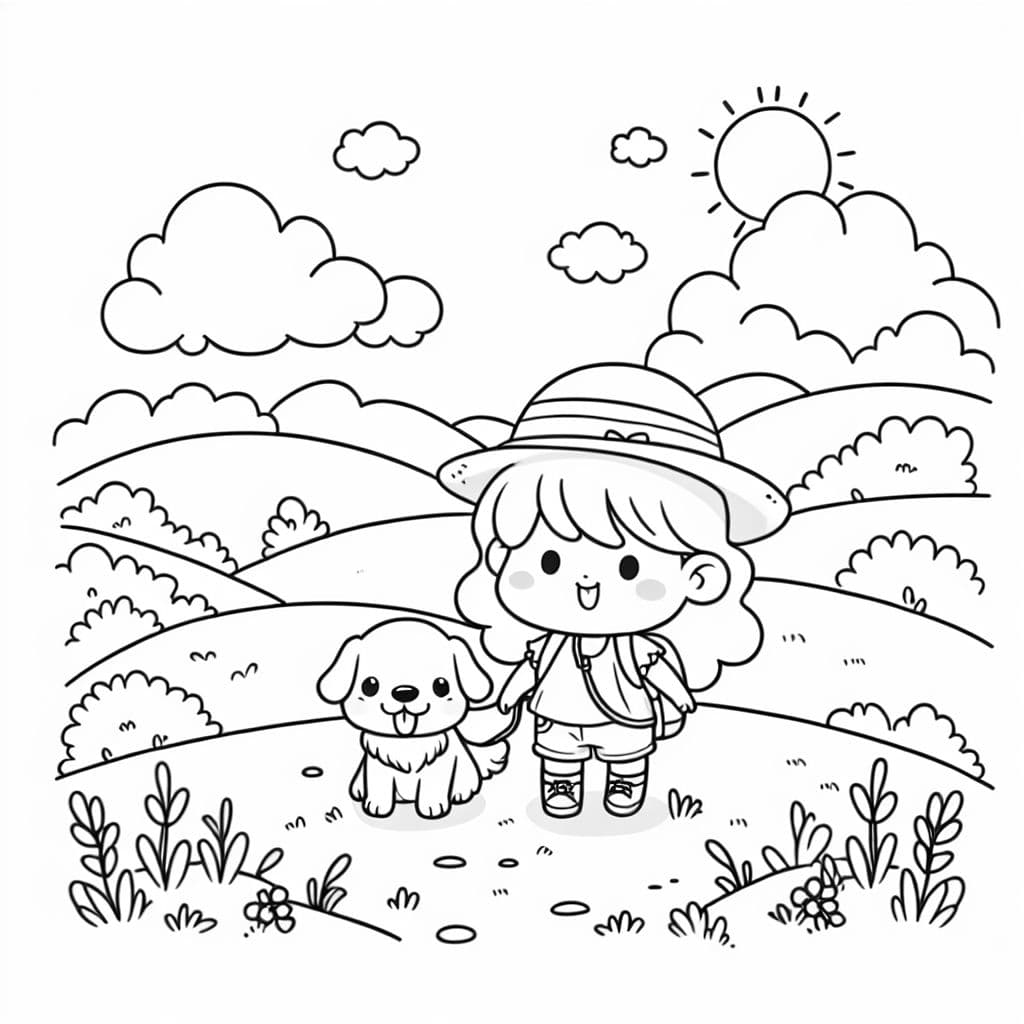 Una niña linda y un golden retriever haciendo senderismo en las llanuras.