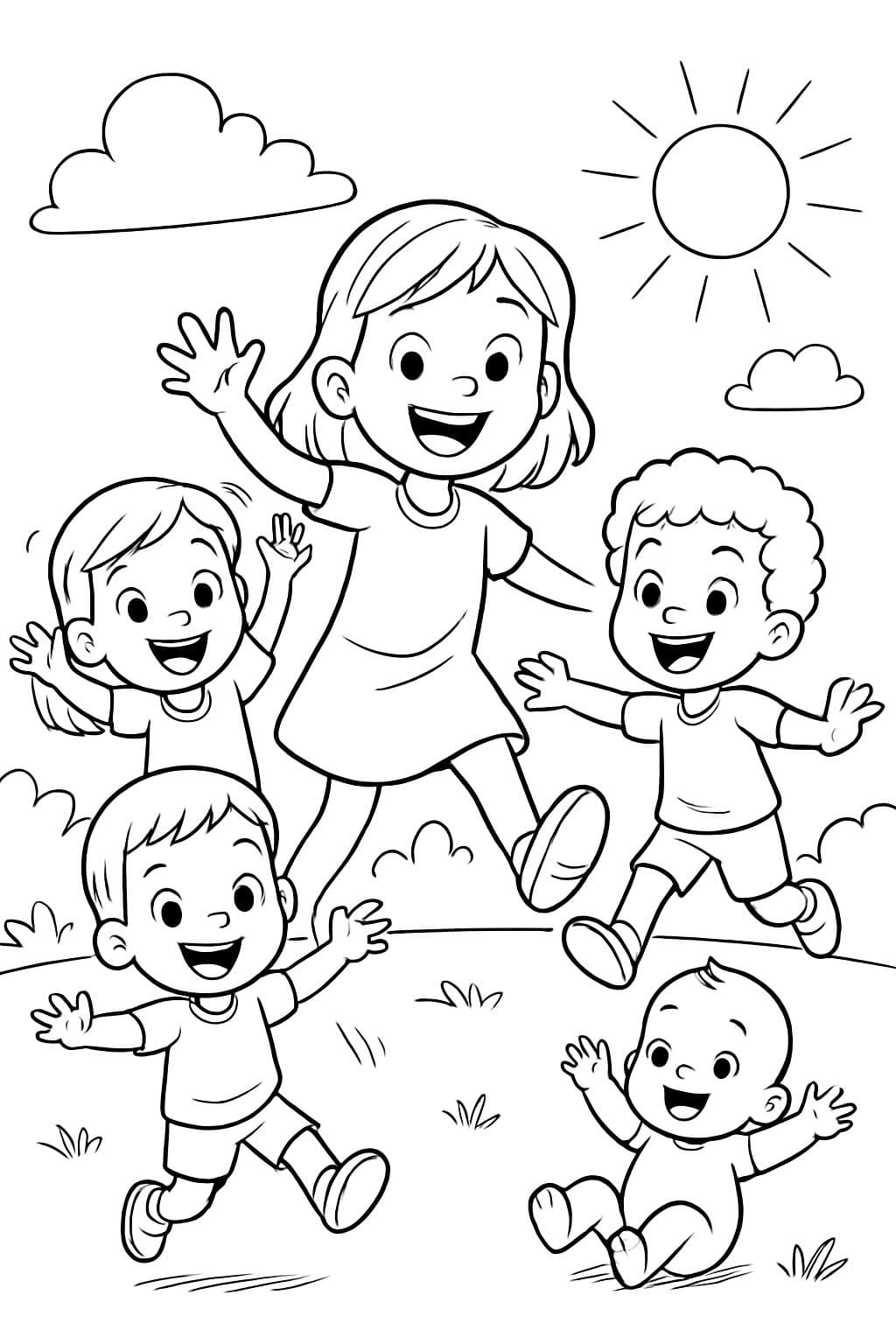 Une fille de six ans avec une fille de quatre ans, un garçon de quatre ans, deux garçons de deux ans et un bébé ensemble