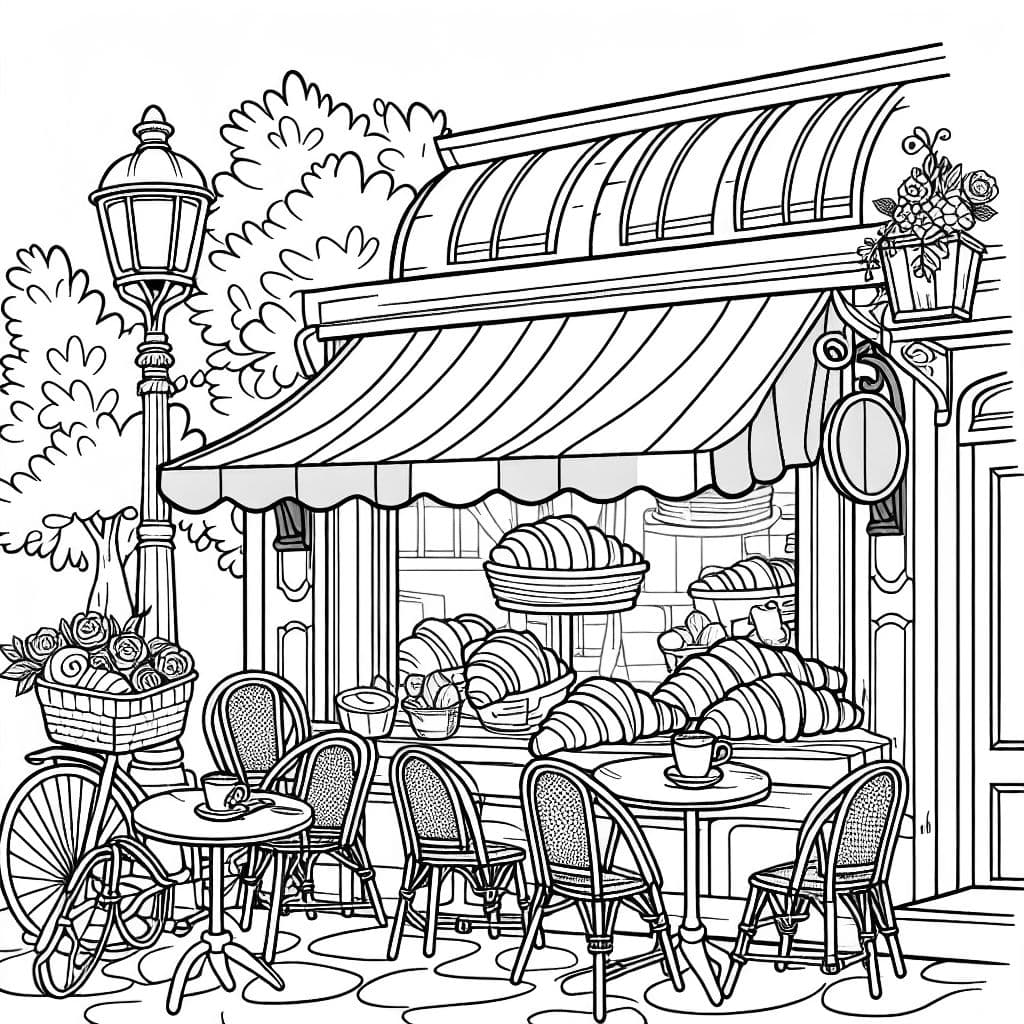 um café parisiense visto do lado de fora onde se vê um croissant e um café