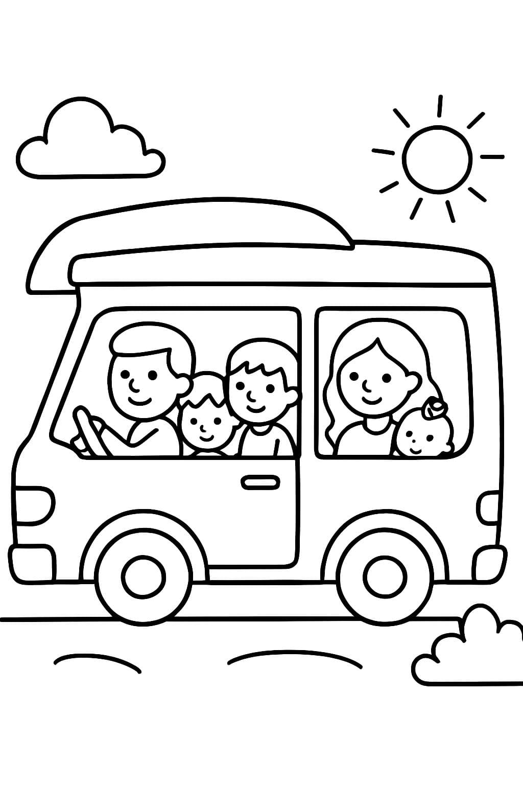 a motorhome with a family of 5. Dad is driving, mom is sitting in the back with the boy (5 years), girl (3 years), and girl (1 year)