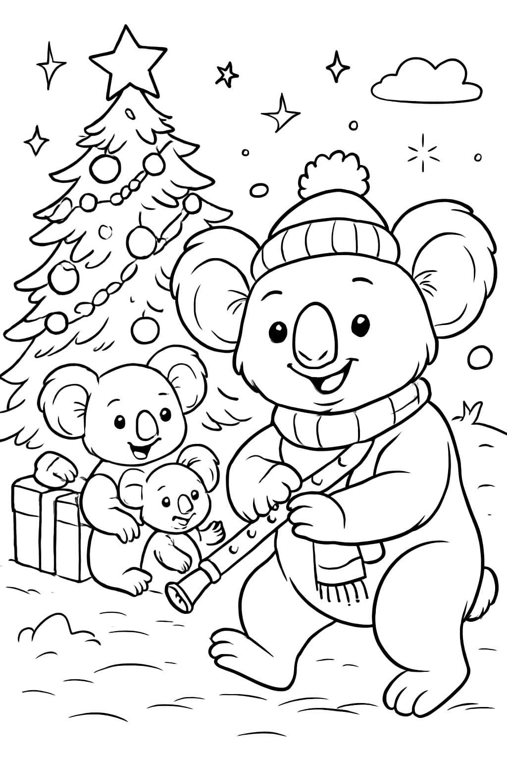 Eine Koalafamilie vor dem Weihnachtsbaum und einer spielt mit Bommelmütze und Schal Blockflöte spielt.