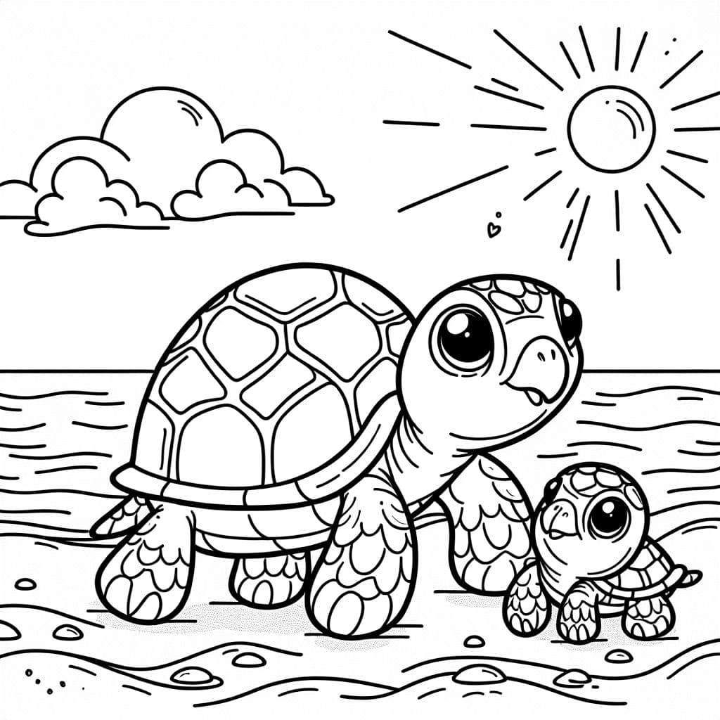 Mère tortue avec bébé, marchant sur le sable vers la mer. Le soleil brille.