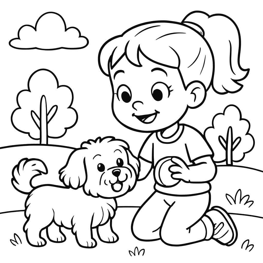 Fille de 5 ans jouant avec un chien havanais à poil court