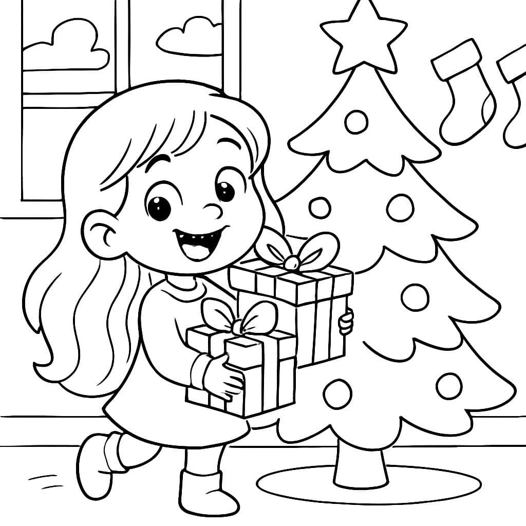 Jeune fille aux longs cheveux tenant des cadeaux près d'un arbre de Noël.