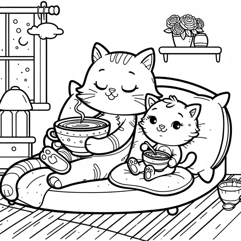 Une maman chatte se détend avec son chaton dans le lit, tous deux savourant une tasse de thé.