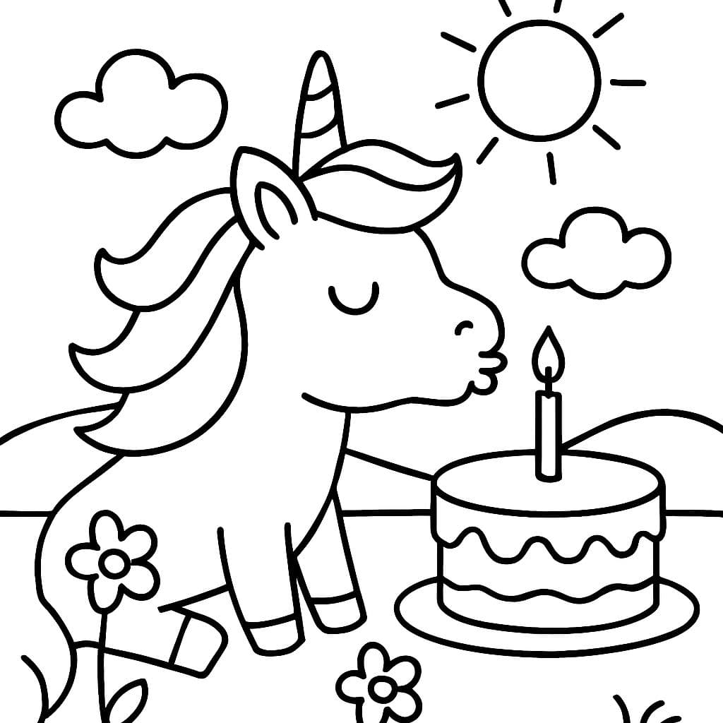 Un unicornio soleado soplando una tarta de cumpleaños
