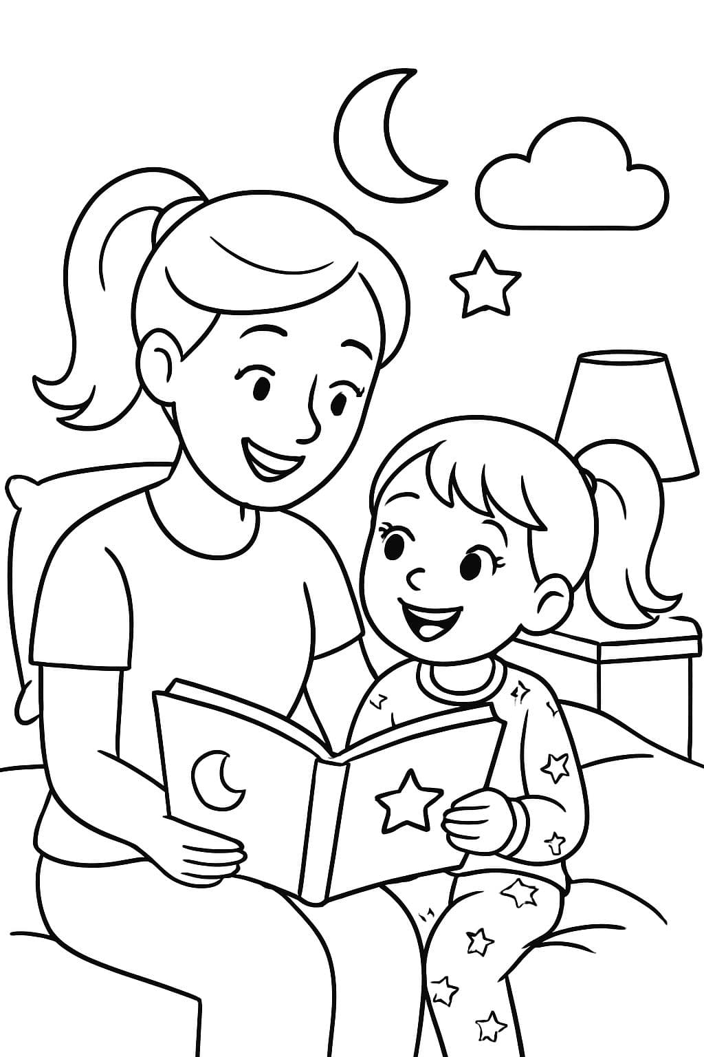 Maman avec une queue de cheval, un t-shirt et des cils. Lit un livre d'histoires à une fille de 6 ans avec une queue de cheval. Porte un pyjama, à l'heure du coucher.