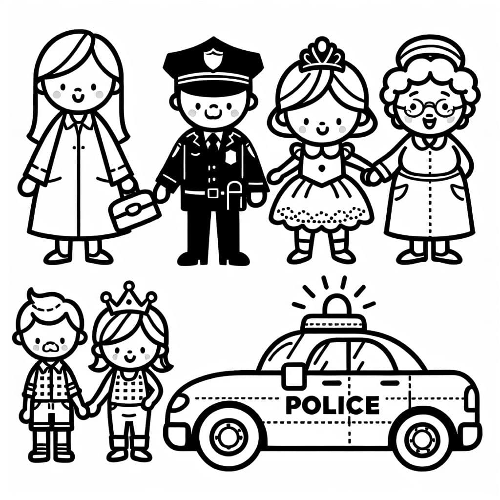 Mama, Papa, Oma eine Prinzessin und zwei Kinder mit einem Polizeiauto