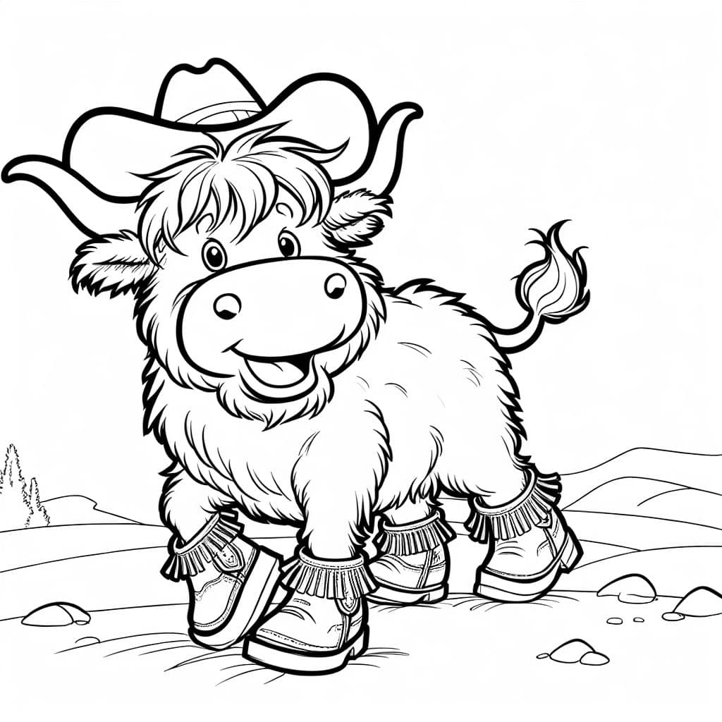 Una vaca de las Tierras Altas con botas de vaquero.