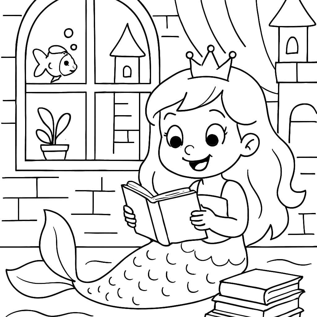Eine Meerjungfrau-Prinzessin in ihrem Schlosszimmer, die Bücher liest.