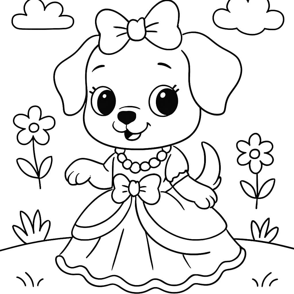 Un chiot mignon qui porte une robe de princesse avec un nœud et des bijoux.
