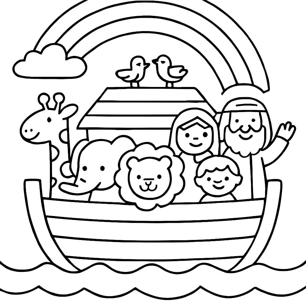 L'Arche de Noé avec de nombreux animaux, un arc-en-ciel et Noé et sa famille