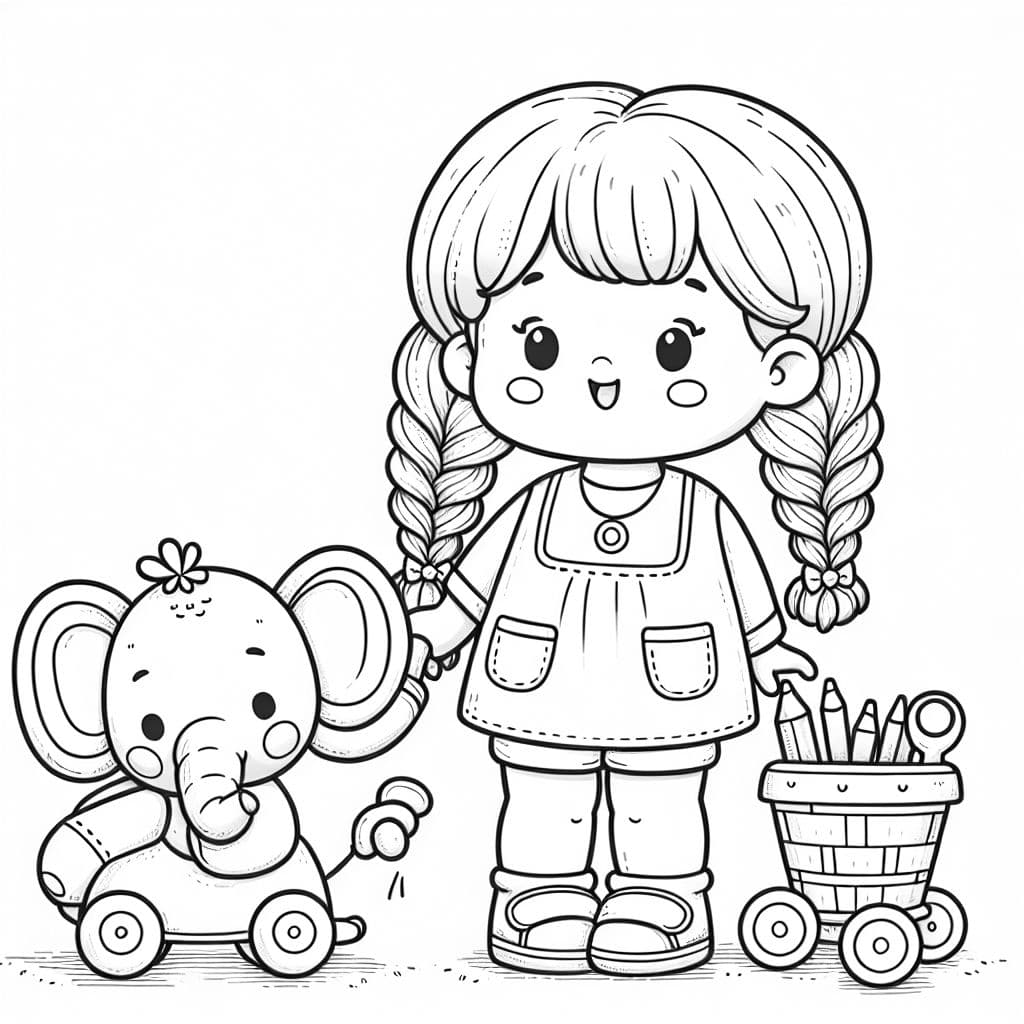 una niña con dos trenzas, un elefante de peluche y una bicicleta de equilibrio