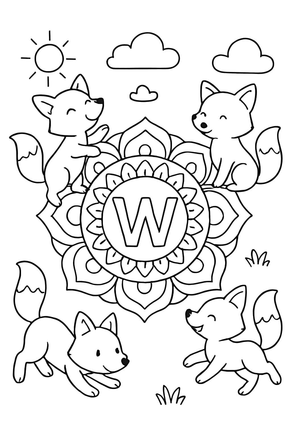 Mandala con la letra W en el centro y zorros jugando alrededor