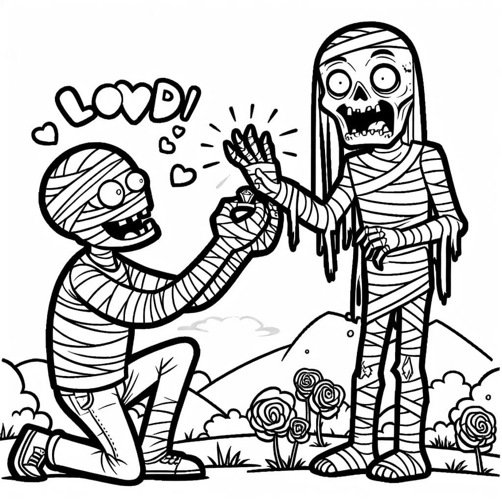 mummy proposing to a zombie with a ring on a severed hand