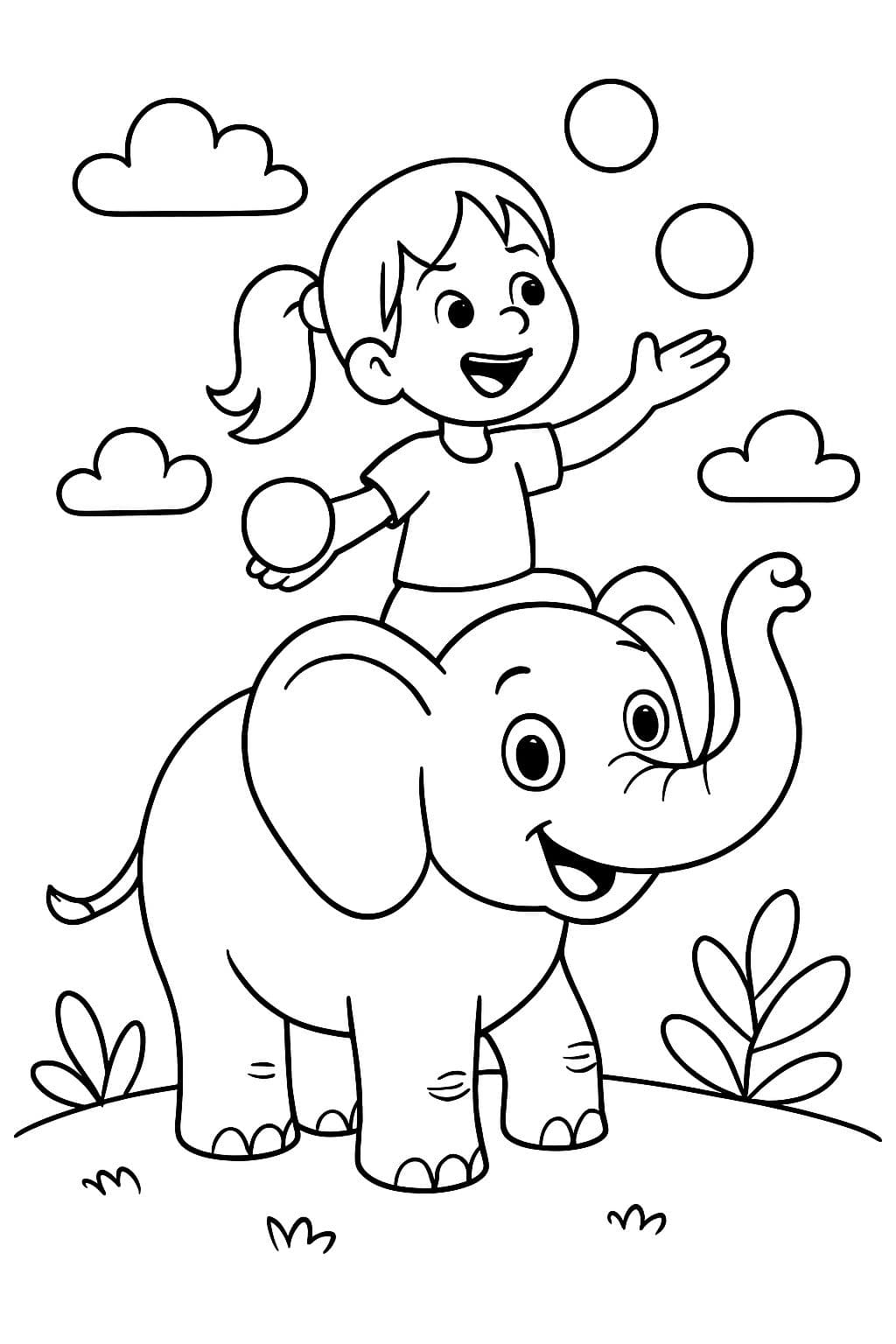 ein Mädchen sitzt auf einem Elefanten und wirft Bälle