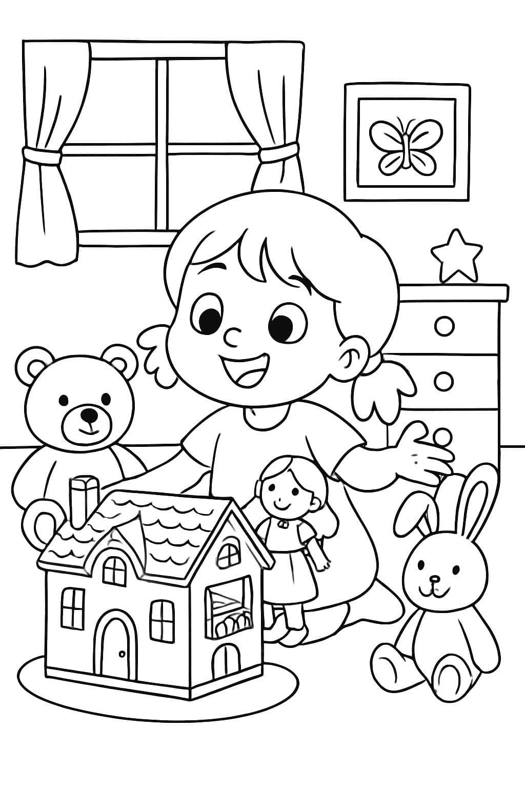 Fille de 3 ans dans sa chambre jouant avec sa maison de poupée et ses animaux en peluche.