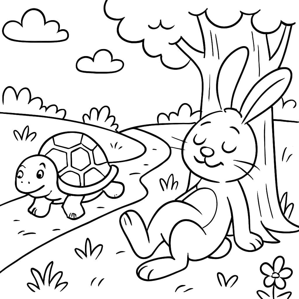 La liebre durmiendo recostada a un árbol mientras la tortuga pasa por el lado.