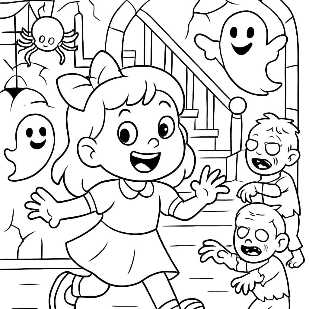 Una niña en una casa embrujada con arañas, fantasmas, una escalera y zombis dentro.