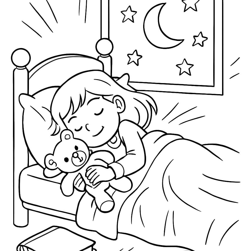 Niña pequeña durmiendo en la cama sosteniendo un oso de peluche, luna y estrellas fuera de la ventana, libro de cuentos cerca, toda la cama y el libro y la ventana visibles.
