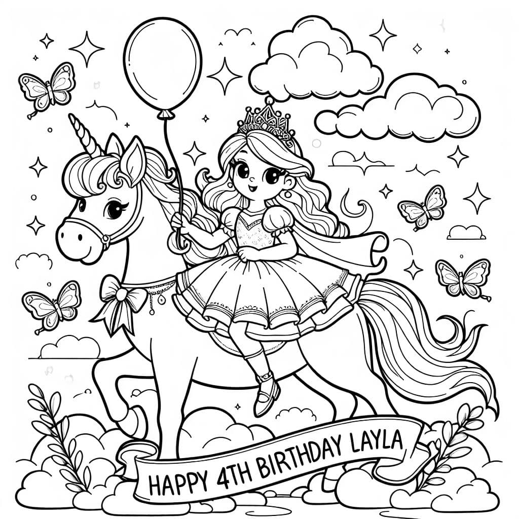 Elsa sosteniendo un globo montando un lindo unicornio con una pancarta que dice 'FELIZ CUARTO CUMPLEAÑOS LAYLA'.