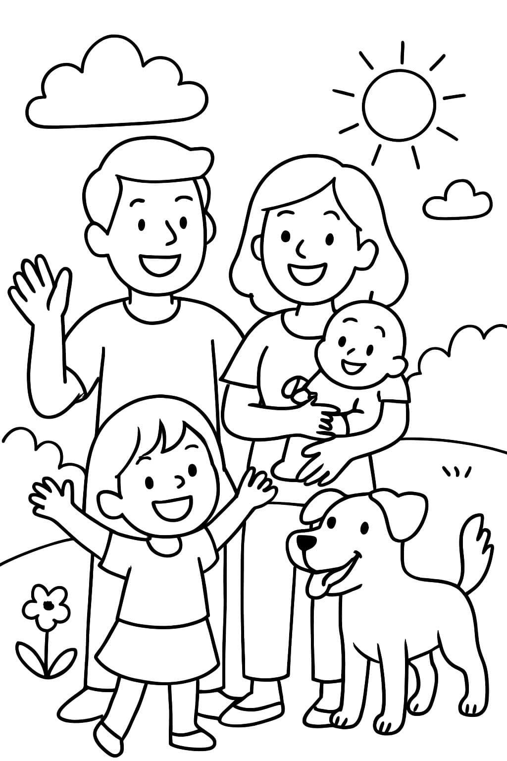 Familie mit 4 Personen, darunter ein Baby, und mit einem Hund.