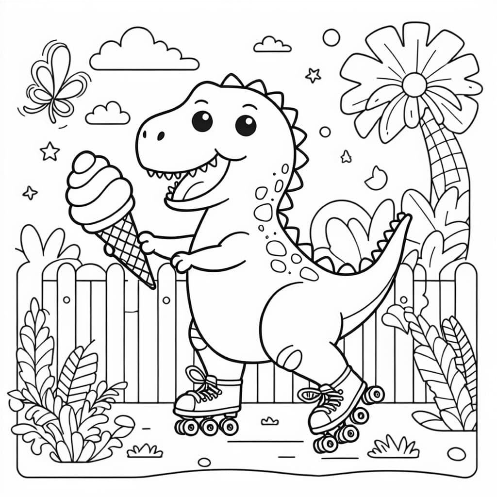 Ein T-Rex auf Rollschuhen mit einer Eistüte in der Pfote