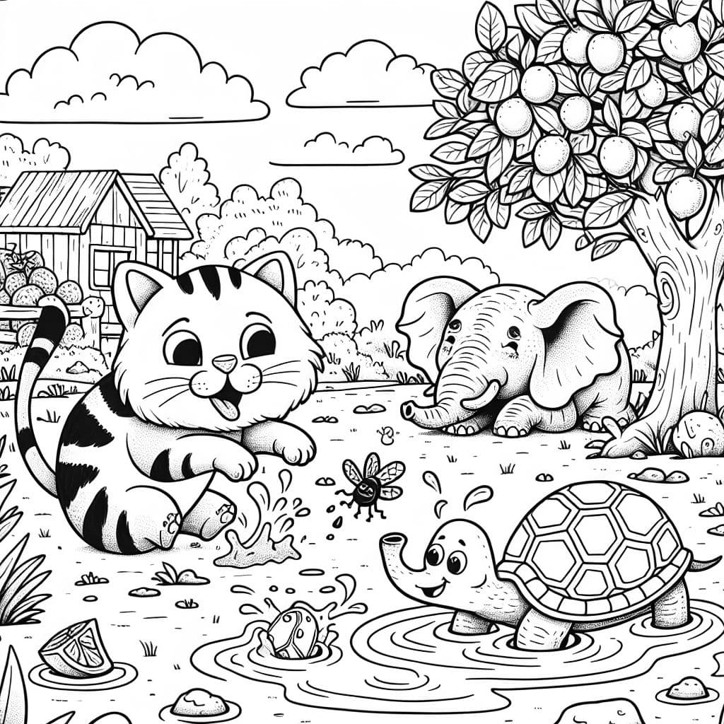 Une collection amusante d'images représentant un citron, une mouche, un chat, une tortue, du chewing-gum, un éléphant et une flaque d'eau.