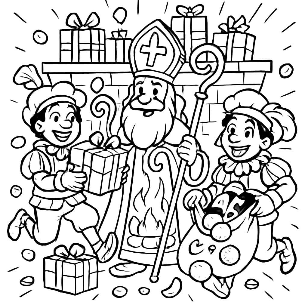 Sinterklaas et les aides avec des cadeaux et des bonbons, du chocolat et des mandarines au coin du feu joyeusement.