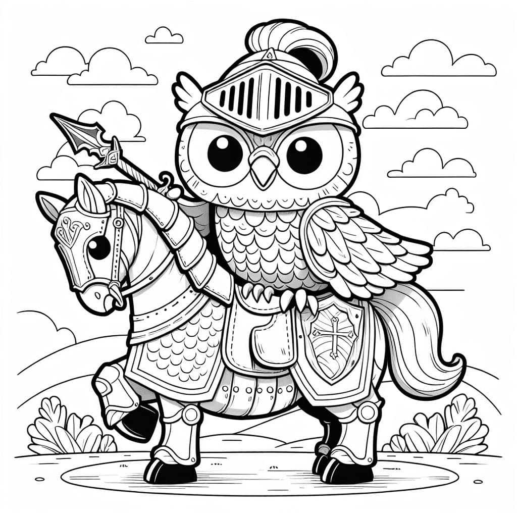 Búho con armadura de caballero montando un alpaca