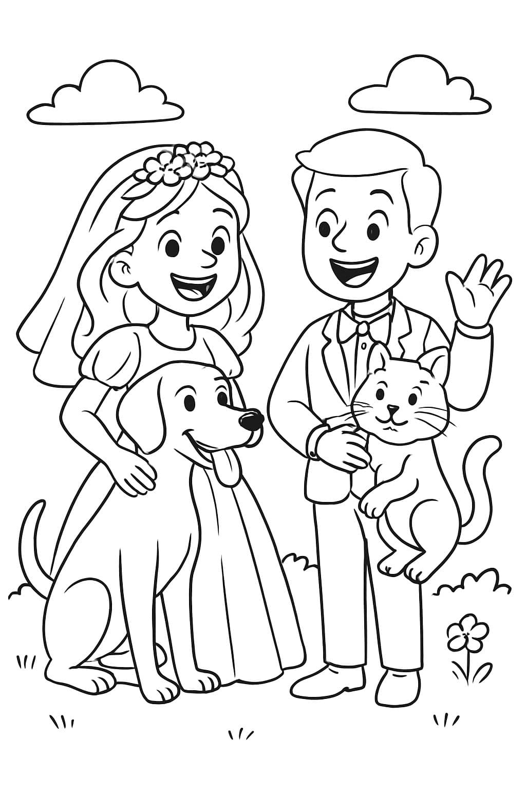 Novia con un perro Weimaraner y novio con un gato